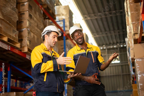 Fototapeta Two Warehouse Workers in hard hats review inventory data on a laptop amid stacked pallets and shelving in a modern distribution center.