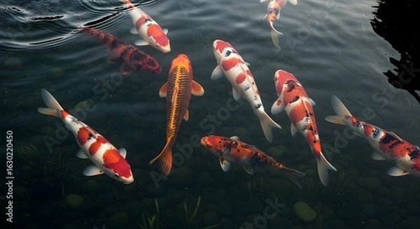 Fototapeta Koi fish swim in a dark pond with pebbles. Red, white, and orange colored fish are visible. The water is calm.