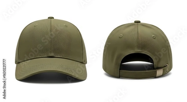 Fototapeta Olive green baseball cap mockup showing front and back views. A blank, plain hat template isolated on a white background for design.