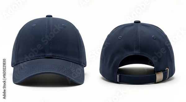 Fototapeta Classic navy blue baseball cap isolated on a white background. Front and back view of a blank hat, ideal for mockup or design templates.