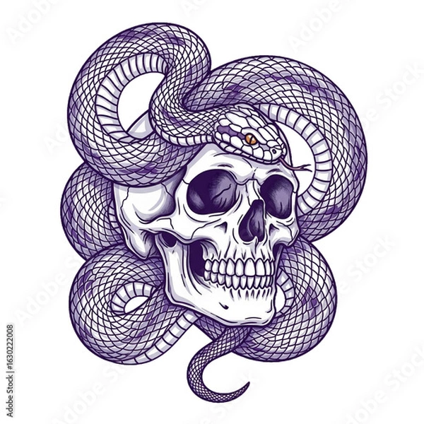 Obraz Gothic Skull with Coiled Serpent | snake  on Transparent Background