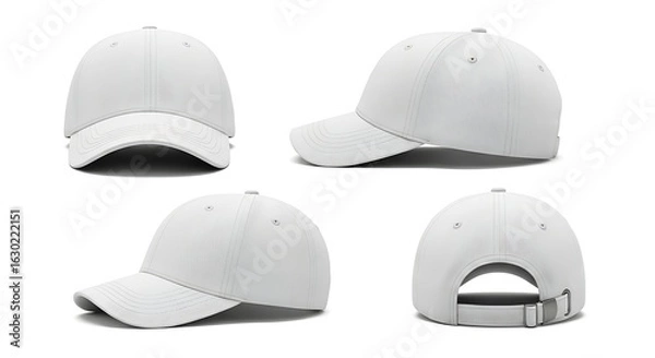 Fototapeta White baseball cap mockup from front, side, and back views. Blank classic hat template isolated on white for design.