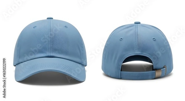 Fototapeta Simple light blue baseball cap isolated on a white background. Front and back view of a blank classic dad hat for apparel mockups.
