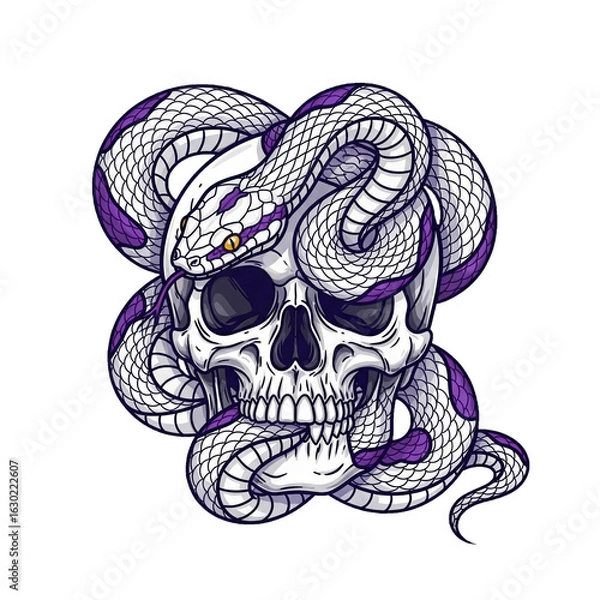 Obraz Gothic Skull with Coiled Serpent | snake  on Transparent Background