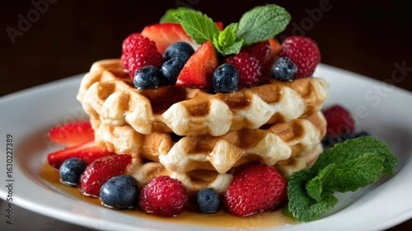 Fototapeta Delicious golden-brown waffles topped with fresh strawberries, raspberries, blueberries, and mint served on a white plate with maple syrup drizzle