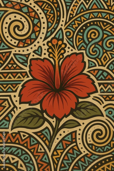 Fototapeta Tribal-style floral illustration featuring a bold red hibiscus flower set against intricate Polynesian-inspired geometric patterns, blending tropical beauty with traditional Pacific Island art aesthet