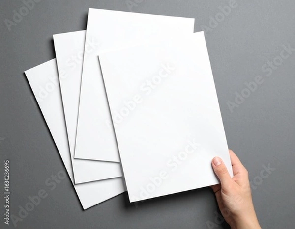 Fototapeta Top view of a hand holding blank white A4 paper sheets on gray background.