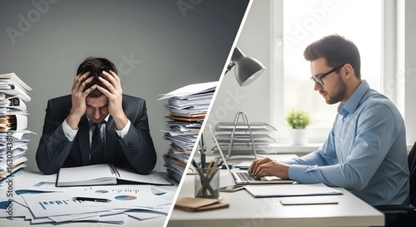 Fototapeta Contrast between a stressed businessman overwhelmed by paperwork and a calm, organized man working on a laptop.