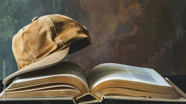 Fototapeta Graduation Cap and Book Compositions for Academic Achievement Graphics, Diploma Program Promotions, and Educational Success Concepts