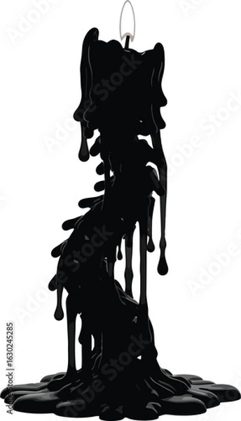 Fototapeta Dripping black candle with a flickering flame, a symbol of darkness, mystery