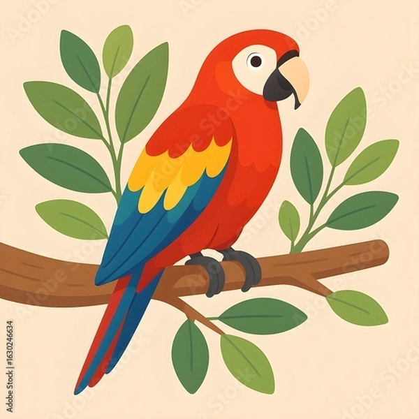 Fototapeta Colorful Cartoon Parrot Sitting on a Tree Branch