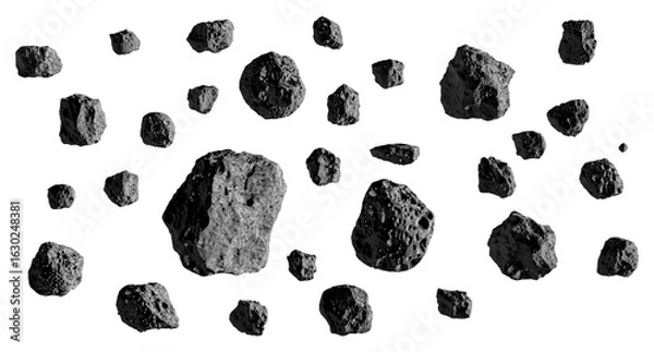 Fototapeta Asteroids or stones or meteorites isolated on white. Asteroid belt or swarm of asteroids or space debris. Stones, Rocks, Boulders floating in the air isolated on white background. 