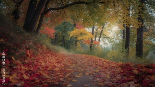 Fototapeta Autumn Forest Path Covered with Colorful Fallen Leaves