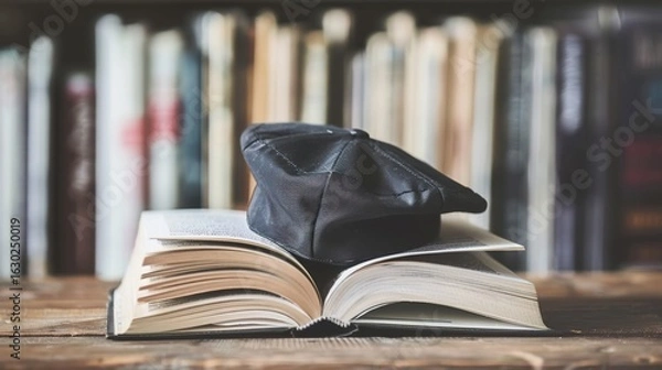 Fototapeta Graduation Cap and Book Compositions for Academic Achievement Graphics, Diploma Program Promotions, and Educational Success Concepts