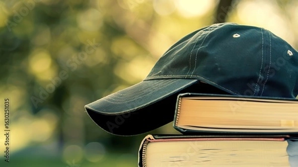 Fototapeta Graduation Cap and Book Compositions for Academic Achievement Graphics, Diploma Program Promotions, and Educational Success Concepts