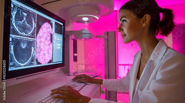 Fototapeta Female Medical Professional Analyzing Mammogram Images on Computer Screen in Modern Clinic with Pink Lighting