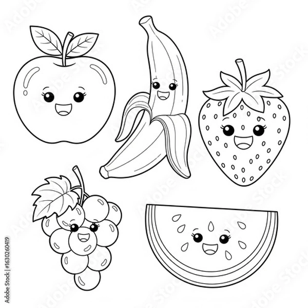Fototapeta black and white vector images of various fruits