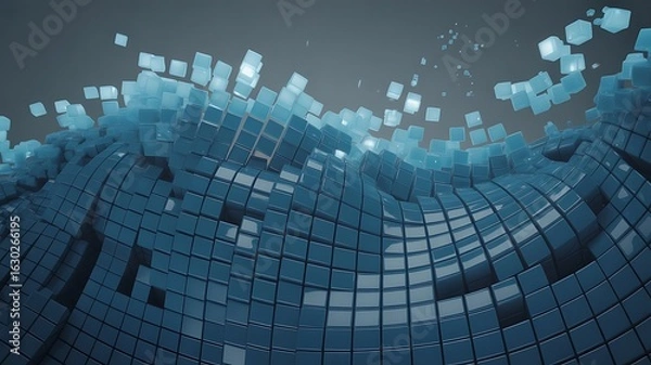 Obraz Abstract wave of blue cubes in a digital landscape