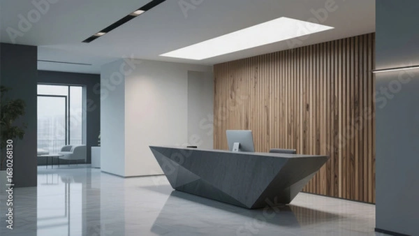 Fototapeta Modern Office Reception Area with Sleek Desk and Wooden Wall