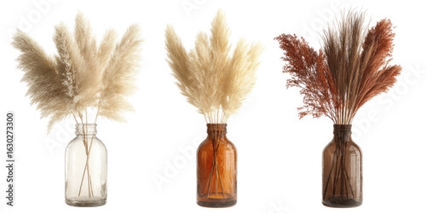 Obraz Three dried pampas grass arrangements in clear and amber glass vases