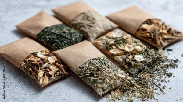 Fototapeta Assorted Dried Herbs and Spices in Eco-Friendly Packaging