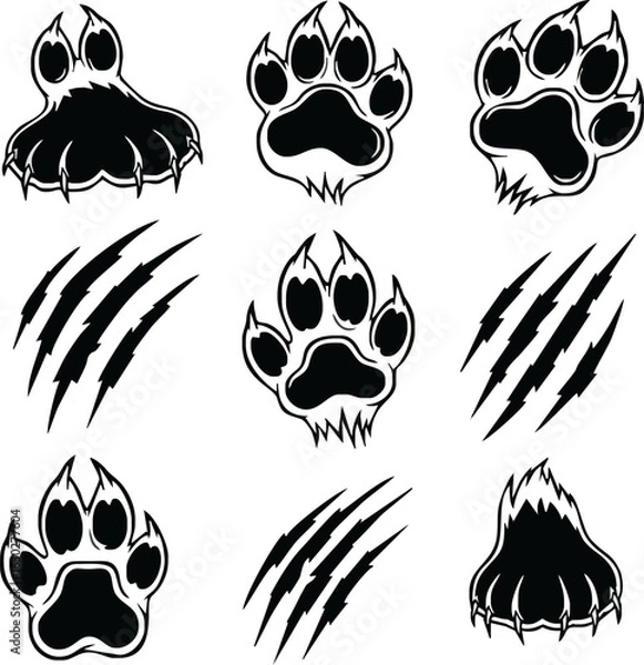 Fototapeta A collection of black and white illustrations featuring various animal paw prints and aggressive claw scratch marks.