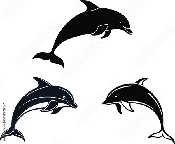 Fototapeta Vector cartoon illustration of a set of dolphins jumping in the ocean waves