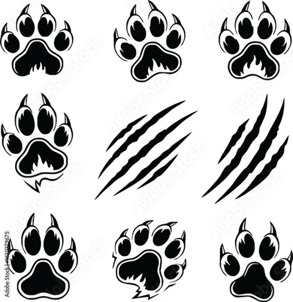 Fototapeta A graphic set of fierce predator paw prints and aggressive claw slash marks.