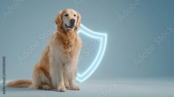 Fototapeta Golden retriever dog sits in front of a glowing shield on blue background.