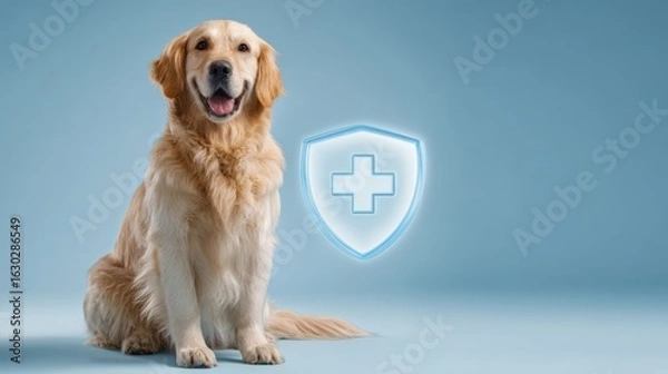 Fototapeta Golden retriever dog sits next to a shield with a plus sign.