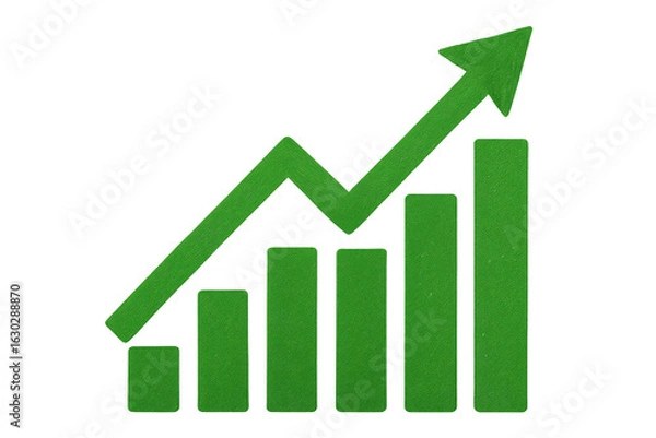 Obraz Green ascending arrow and bar graph displaying financial growth on transparent backdrop, signaling positive business performance and investment advancement