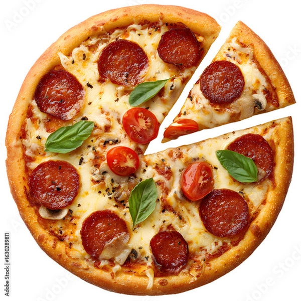 Fototapeta pizza with salami and tomatoes, isolated background.