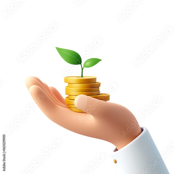 Fototapeta 3d png a cartoon hand holding a stack of coins with a small plant growing on top, symbolizing investment growth and financial success isolated on transparent background transparent background