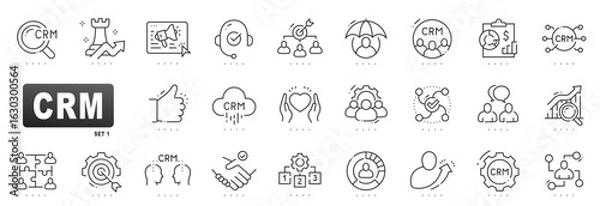 Fototapeta Linear icon set for CRM showing customer service, lead generation, analytics, automation, cloud CRM, partnership, workflow, growth, editable stroke style