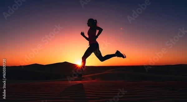 Fototapeta Silhouette of a woman runner in motion against a vibrant sunset, cityscape backdrop. Dynamic pose, warm colors.