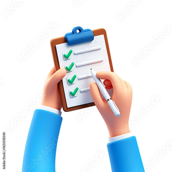 Fototapeta 3d png hands holding clipboard with checklist and pen, symbolizing task management, organization, and productivity, isolated on transparent background transparent background