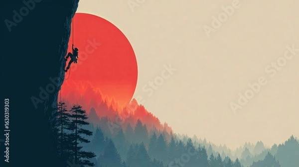 Obraz Minimalist Mountain Climber with Red Sun Background
