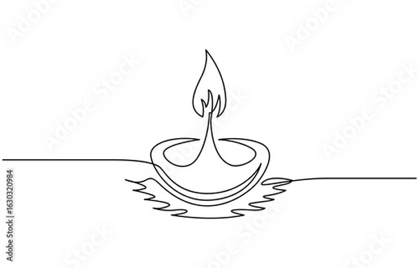 Fototapeta Continuous one line drawing oil lamp, candle burning flame, One line of candle diwali isolated on,  candle burning flame black contour line simple minimalist vector.