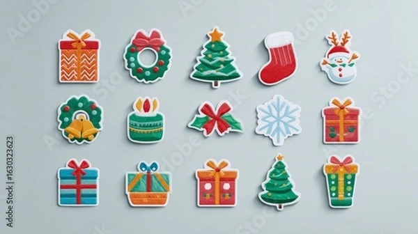 Fototapeta top view christmas-themed stickers on light background, top view, for scrapbooking