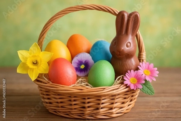 Fototapeta A Colorful Basket of Chocolate Eggs and Daffodils on a Wooden Table