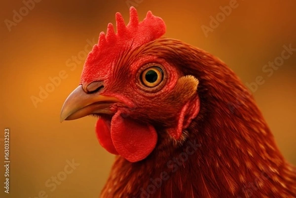 Fototapeta A close-up of a rooster's head, showcasing its vibrant red comb and alert eyes against an orange backdrop