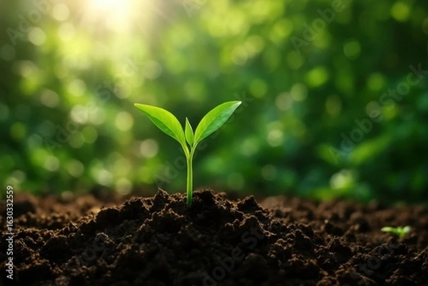 Fototapeta A New Seed Sprouts in a Sunlit Soil Bed