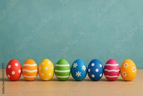 Fototapeta A vibrant array of Easter eggs in a row against a blue backdrop, symbolizing joy and celebration