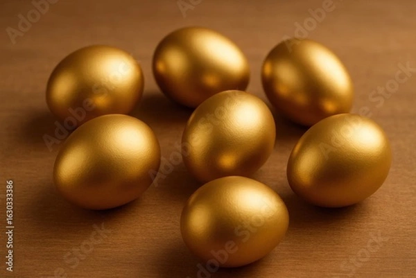 Fototapeta Eight golden eggs gleam on a textured brown backdrop, symbolizing wealth and abundance