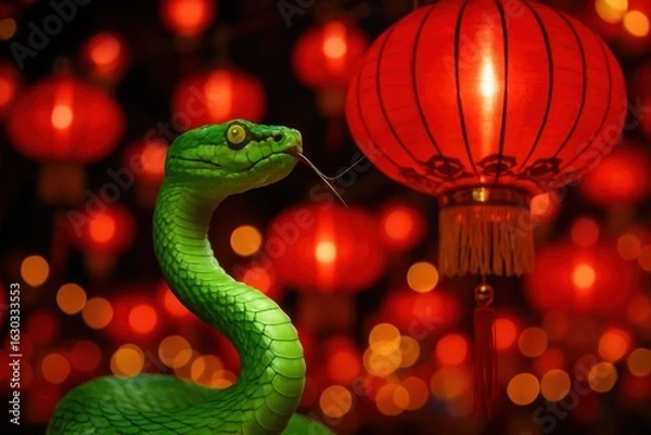 Fototapeta A serpent gazes into the heart of a lantern-lit celebration, embodying the mystery and allure of ancient traditions