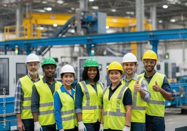 Obraz A diverse group of factory workers stand together smiling wearing safety gear against an industrial backdrop
