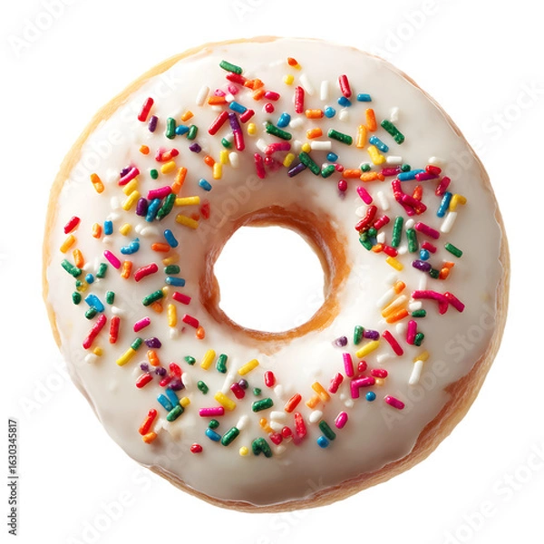 Obraz A delicious white frosted donut adorned with a colorful assortment of rainbow sprinkles presented against a stark black background for a striking visual