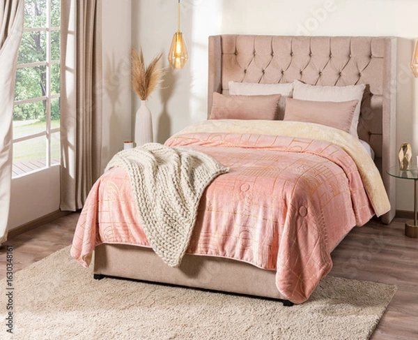 Fototapeta Scandinavian-style bedroom showcasing a upholstered bed, geometric patterned quilt, draped blanket, a glass side table with brass accents, ceramic vase holding dried pampas grass, lighting window.