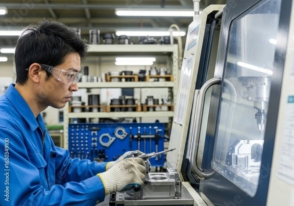 Obraz Man measures metal part with CNC machine wearing safety glasses