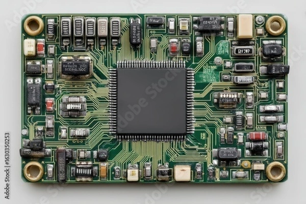 Fototapeta Detailed microchip layout showcasing intricate circuits and soldered components signifying advancements in technology and electronic engineering craftsmanship captured with clarity